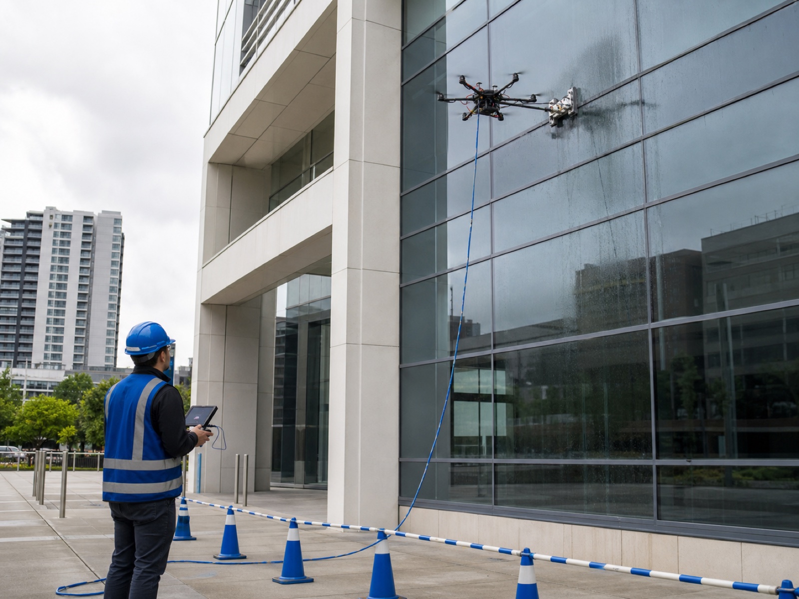 Illustrative drone-assisted facade cleaning operation