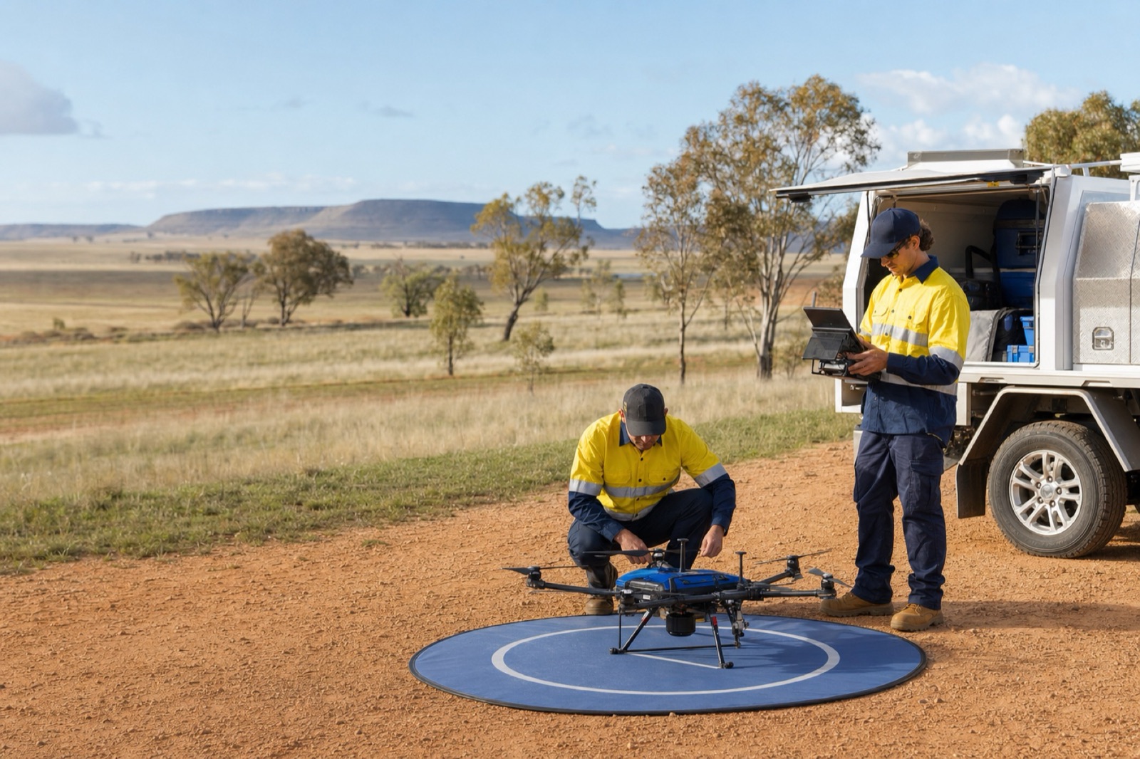 Illustrative civilian drone operations team preparing equipment in regional Australia